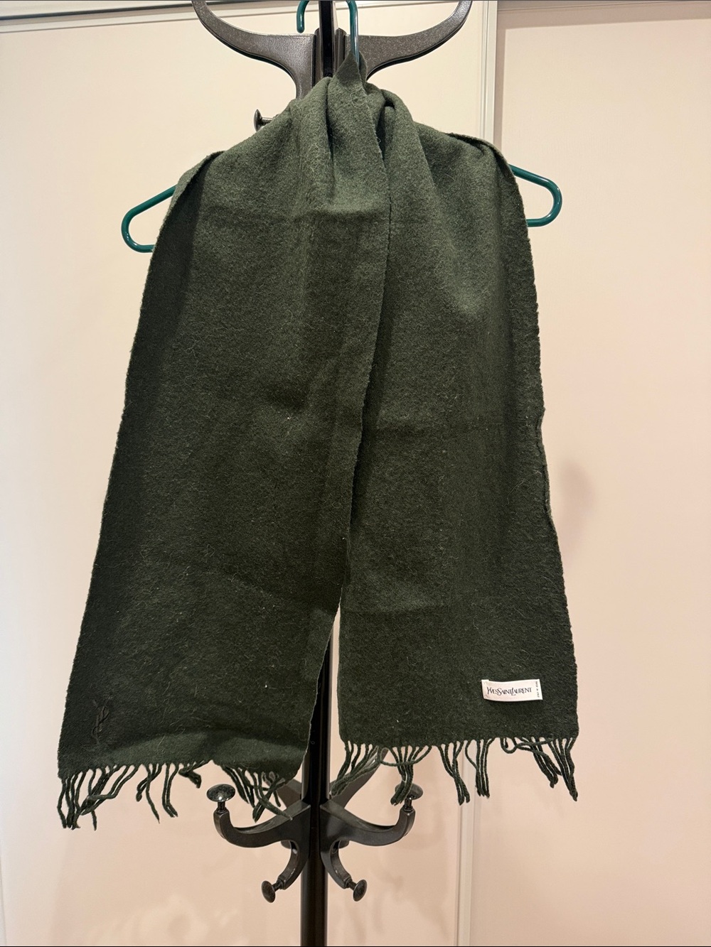 Yves Saint Laurent Dark Green Fringe Scarf